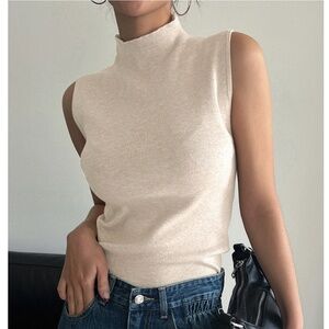 Knit High Neck Beige Sleeveless Top